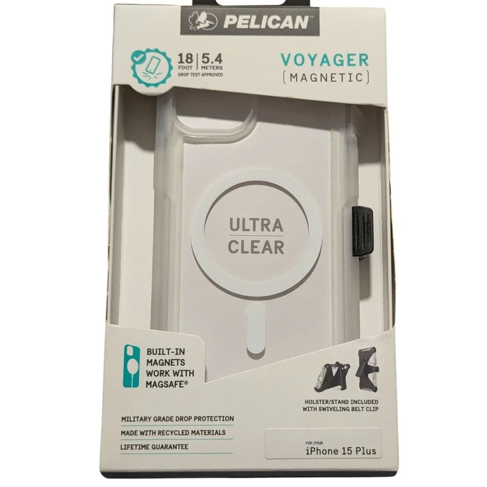 BB. Pelican Voyager Magnetic Case W/ Magsafe & Holster For iPhone 15 Plus -Clear